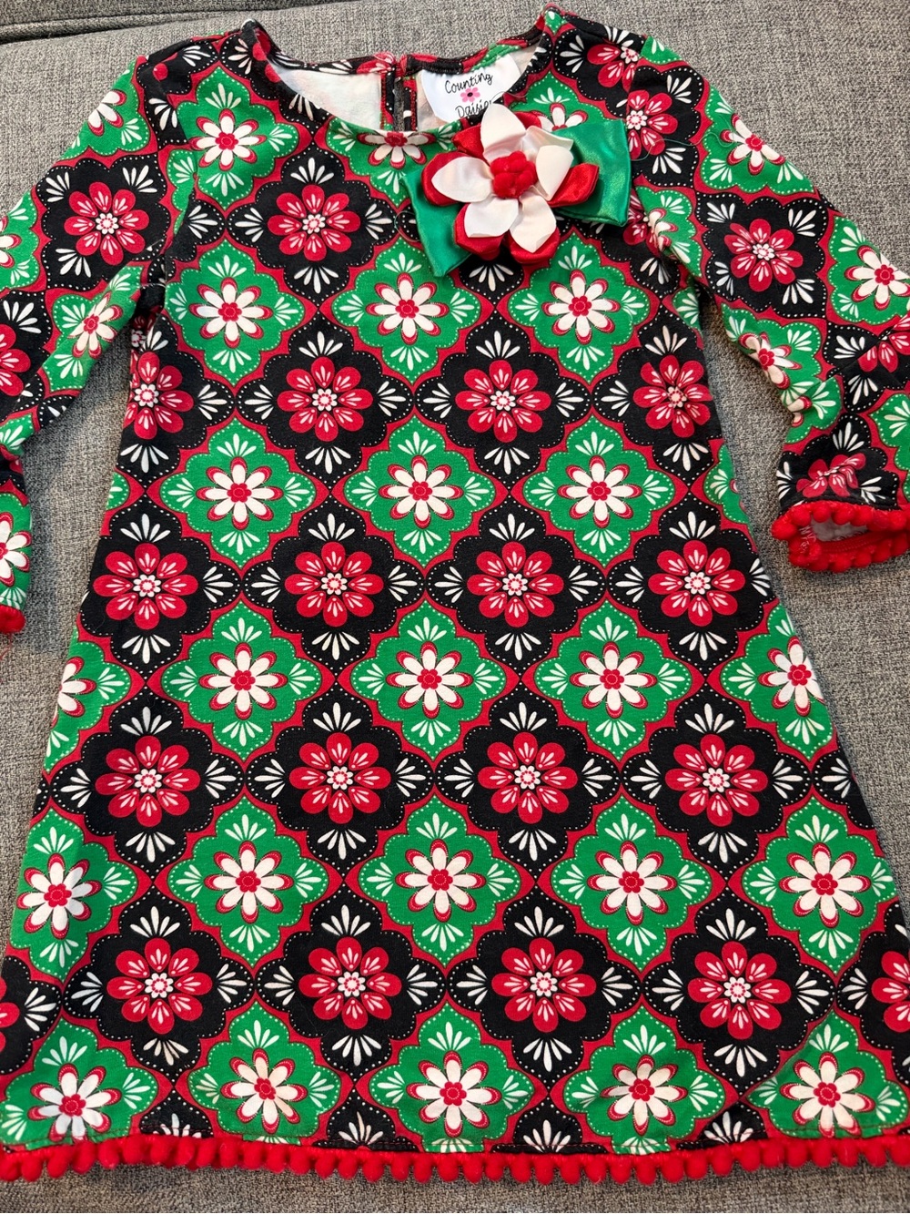 Counting Daisies Green & Red Floral A-Line Dress 4T pompoms at hem and sleeves
